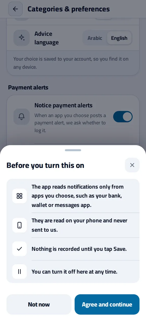 The Before you turn this on sheet in Masareefy: the app reads notifications only from apps you choose, they are read on your phone and never sent to us except as an example you choose to send, nothing is recorded until you tap Save, and you can turn it off at any time