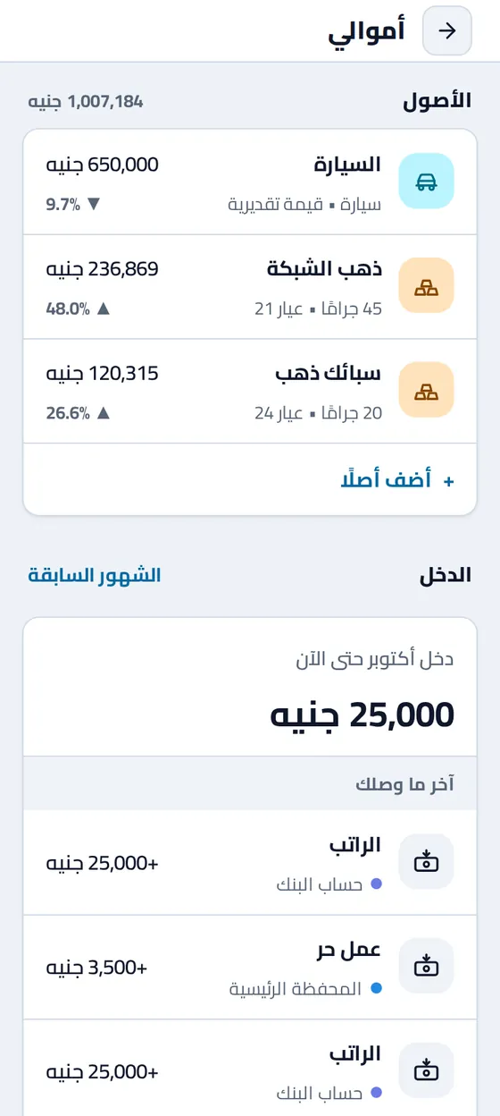قسم «الأصول» في صفحة «أموالي»: السيارة وذهب الشبكة وسبائك الذهب، كلٌّ بقيمته، ونسبة الربح أو الخسارة منذ الشراء، ومجموعها ١٬٠٠٧٬١٨٤ جنيهًا
