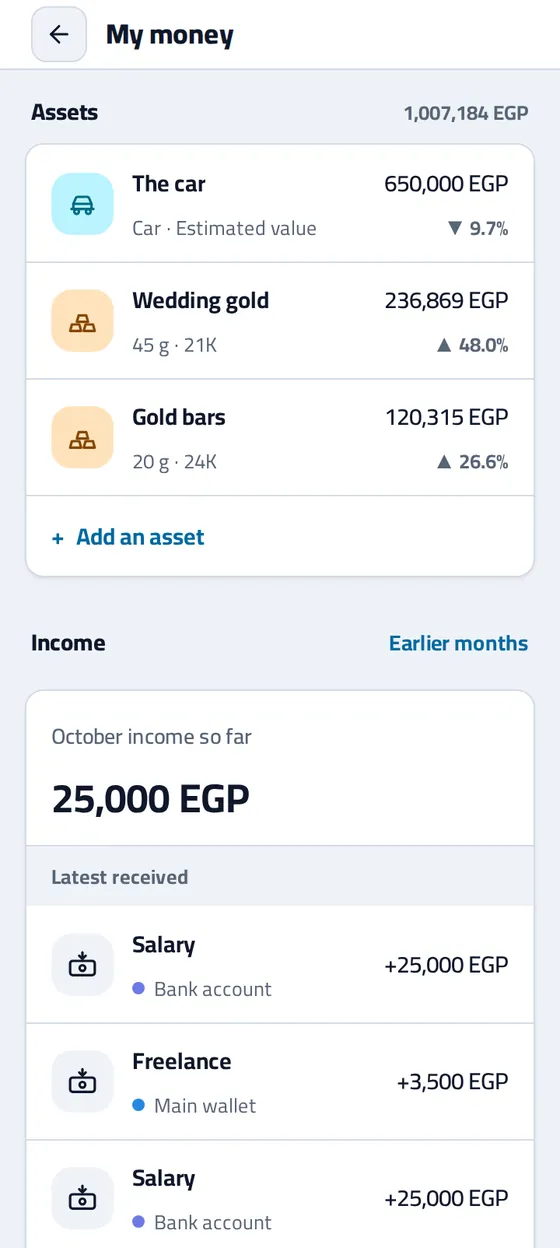 The Assets section on My money: the car, the wedding gold and the gold bars, each with its value and its gain or loss since purchase, 1,007,184 EGP in all