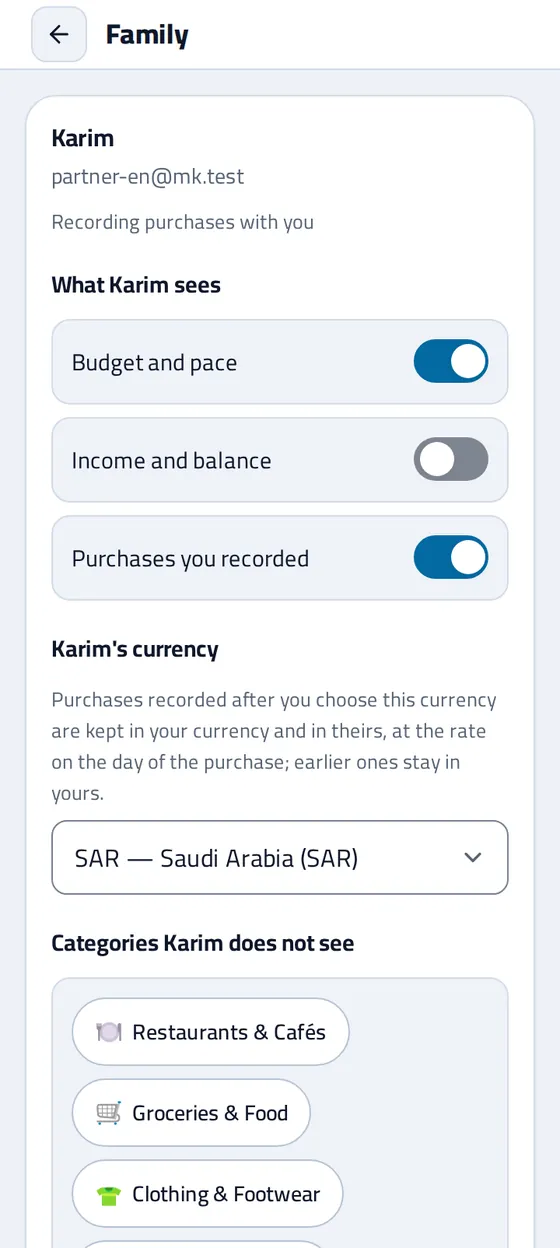 The Family page in the Masareefy app: what the member sees, their currency and the categories hidden from them