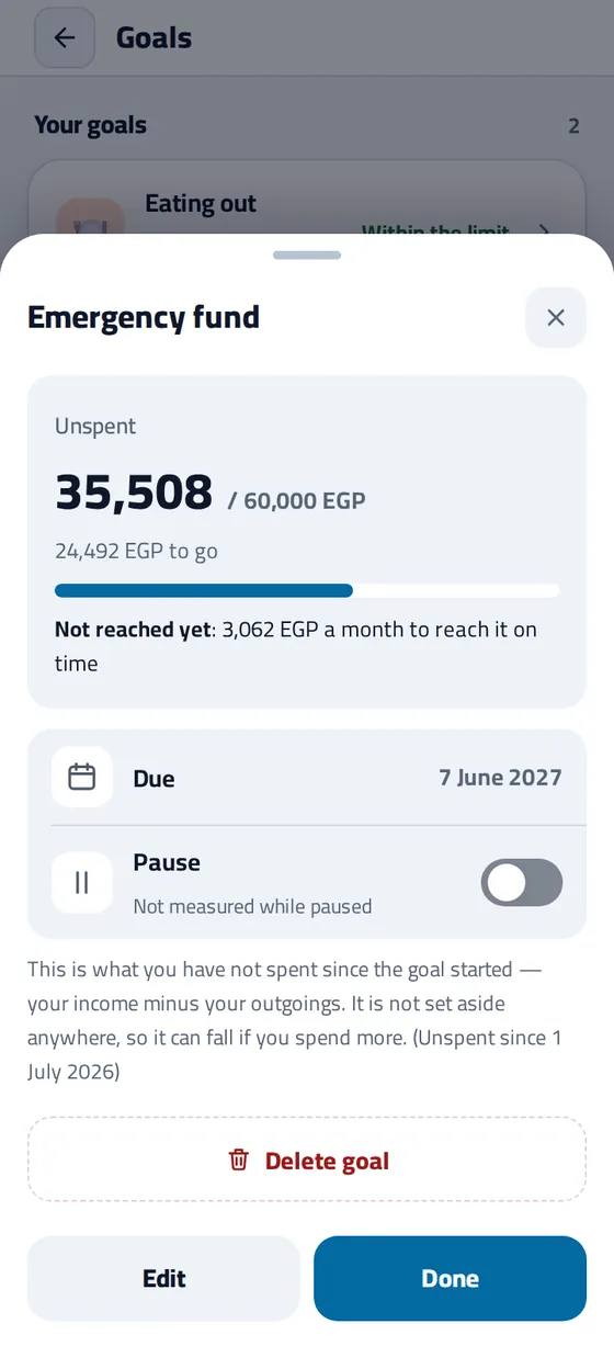 A savings goal's details: saved against the target, the monthly amount to arrive on time, and how it is counted