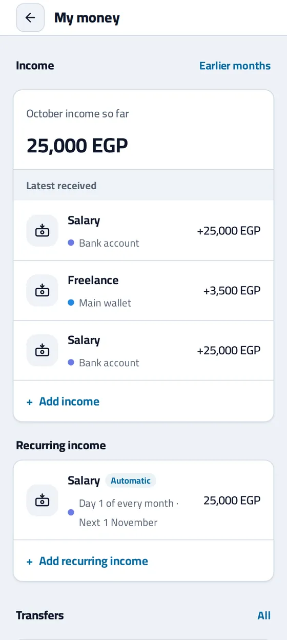 The Income section on My money: the latest salary and freelance income received, and a recurring salary recorded automatically on day 1 of every month