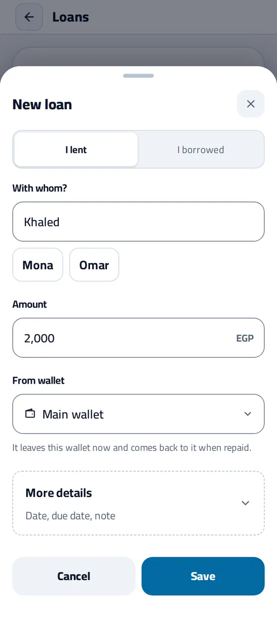 The New loan sheet in Masareefy: I lent Khaled 2,000 EGP from the main wallet, with the names used before suggested