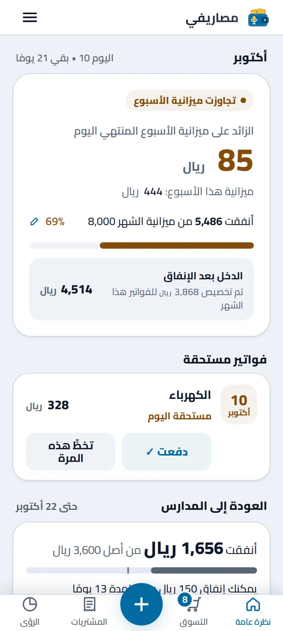 شاشة النظرة العامة على الشهر في تطبيق مصاريفي