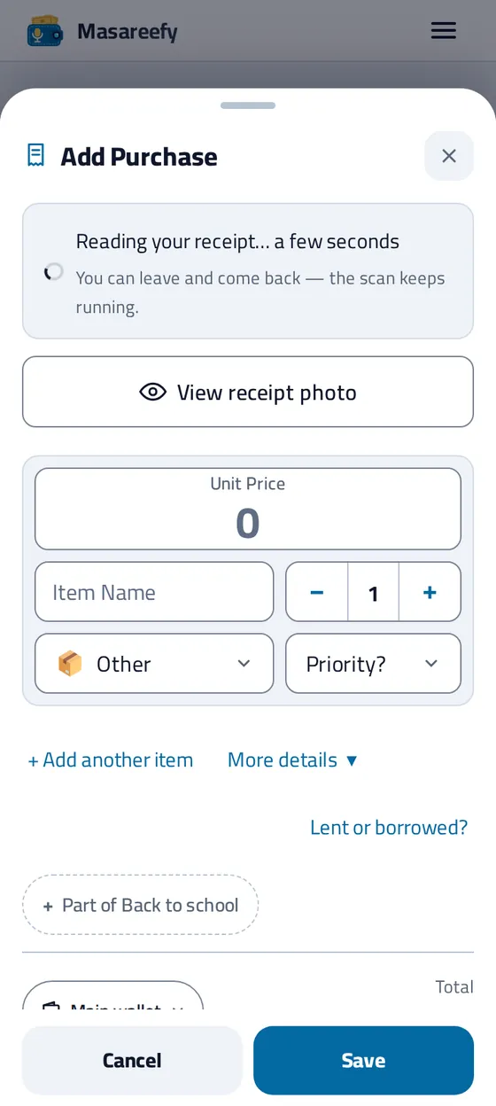 The add-purchase sheet while the receipt photo is read: “Reading your receipt… a few seconds”, and you can leave and come back