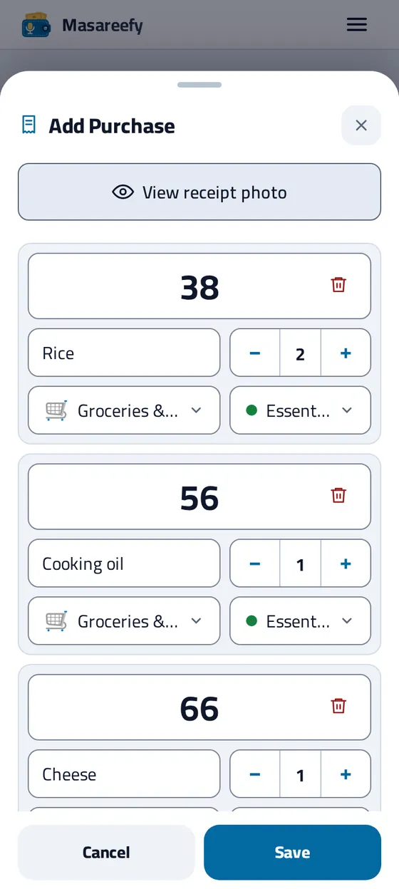 The Add Purchase sheet in the Masareefy app after a receipt photo is read: each line with its quantity, price in SAR and category, ready to check before you save
