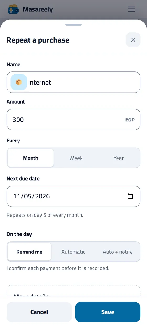 The repeated purchase form after “Internet 300 every month on the 5th”: name, amount and day filled in before saving