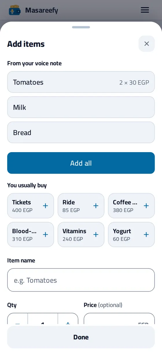 The shopping list's Add items sheet after one spoken sentence: tomatoes, milk and bread ready under From your voice note, with an Add all button