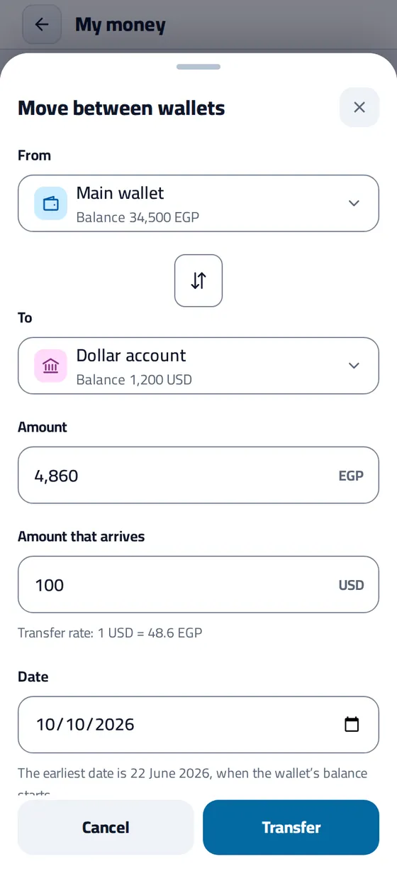 The Move between wallets sheet: 4,860 EGP out of the main wallet, and 100 USD arriving in the dollar account