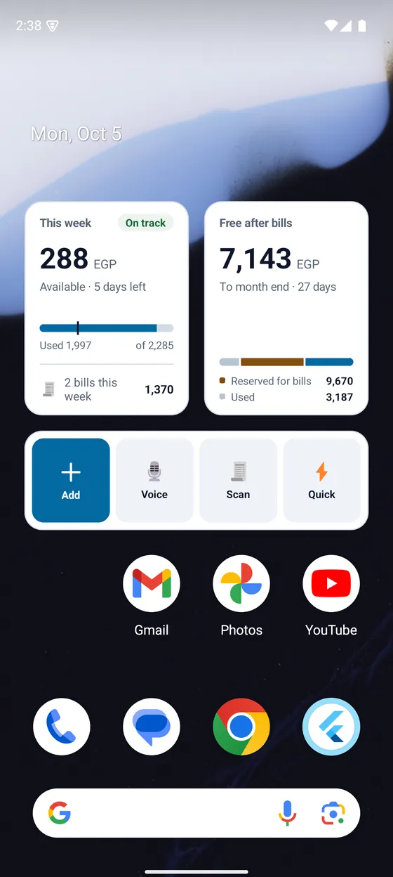 Masareefy widgets on an Android home screen: This week with 288 EGP available, Free after bills with 7,143 EGP to month end, and the log bar: Add, Voice, Scan, Quick
